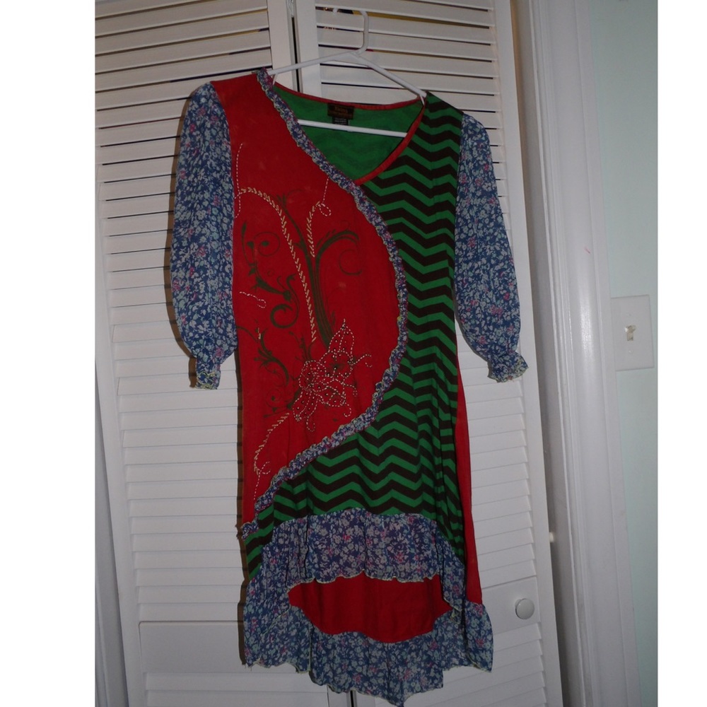 Unique, multi fabric, multi color, midi dress